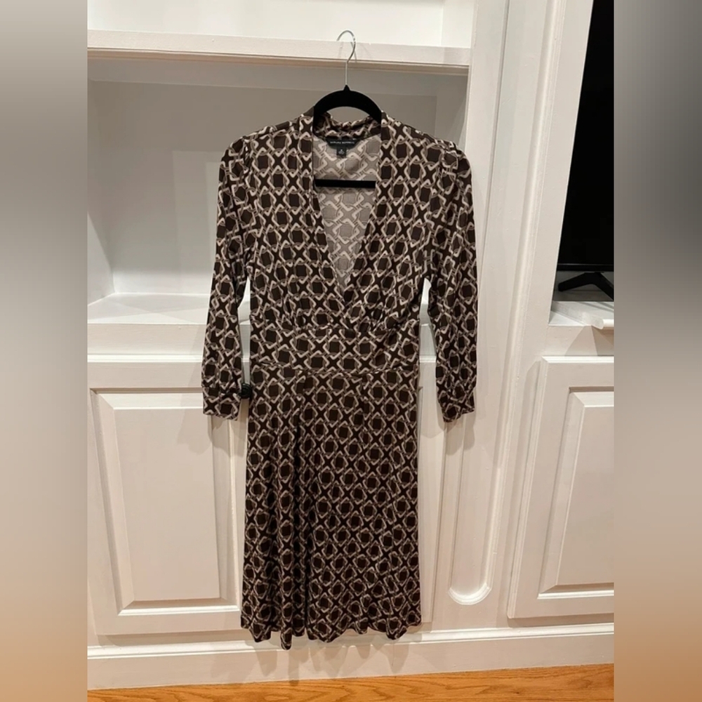 Banana Republic Brown & Cream Geometric Wrap-Style Long Sleeve Dress